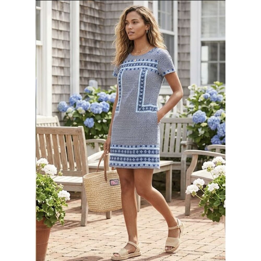 Vineyard Vines Blue White Tile Print Linen Blend Embroidered Shift Dress Size 4